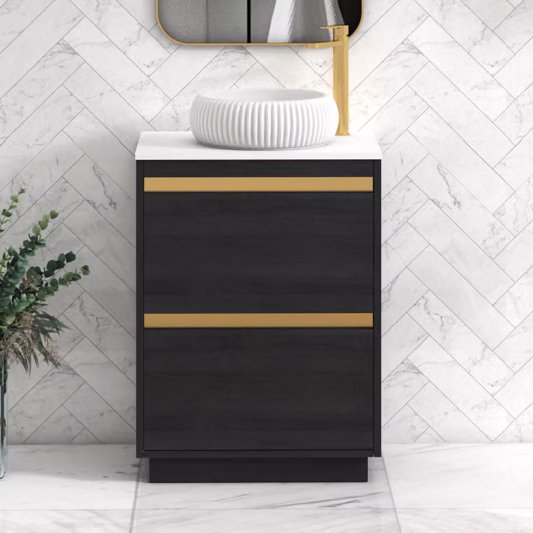 Royal Bathrooms Orion 600mm Hale Black Floor Standing Vanity Unit with 2 Drawers, Milan Basin and Brushed Brass Accent Trim in Plain White