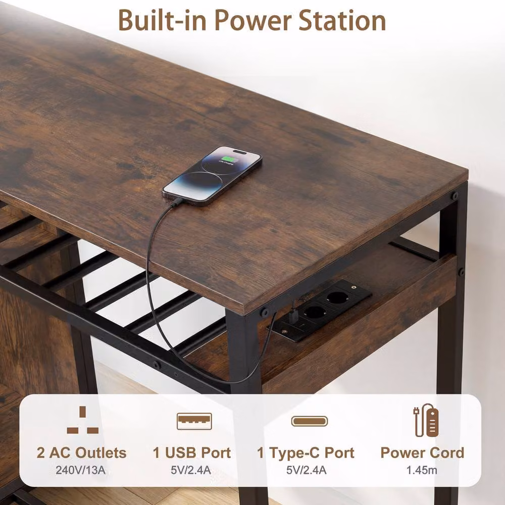 Costway Rectangular Industrial Bar Table in Brown with 8-Bottle Wine Rack and Stemware Racks – 6