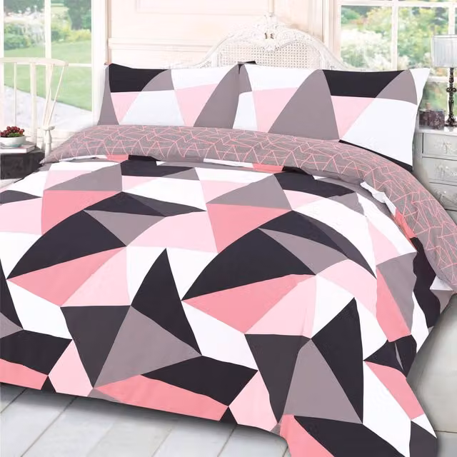 Dreamscene Shapes Geo Polycotton Duvet Cover and Pillowcase Set in Pink, Grey and White, W: 200 cm x D: 200 cm