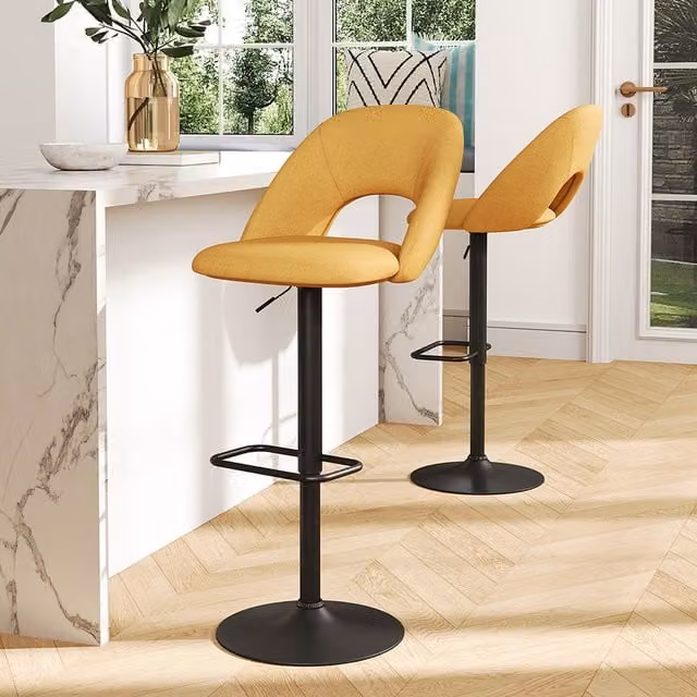 Livingandhome Set of 2 Yellow Linen and Metal Swivel Breakfast Bar Stools