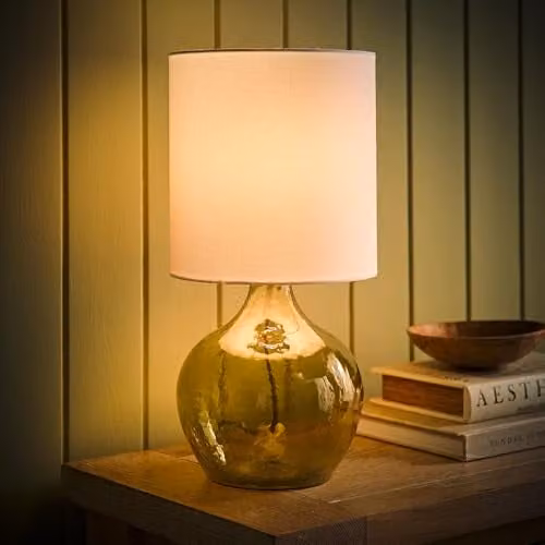 ValueLights Emily Teardrop Table Lamp with Dark Green Glass Base and Natural Linen Drum Shade – 2