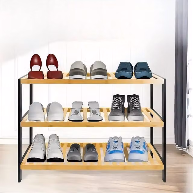 SPETLEK 3 Tier Natural Bamboo Shoe Rack Organiser, Brown, W/D/H: 70 x 55 x 25 cm