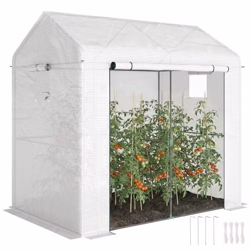 Outsunny Walk-in Greenhouse with Mesh Windows and Roller Door, White, W/D/H: 140 x 140 x 200 cm – 1