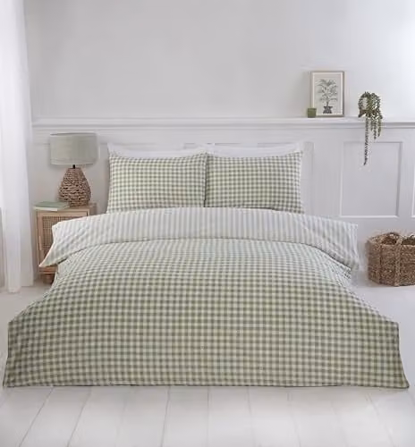 Rapport Home Single Polycotton Checked Duvet Cover Set with Pillowcase, Green and White, W/D/H: 135 x 200 cm and 50 x 75 cm