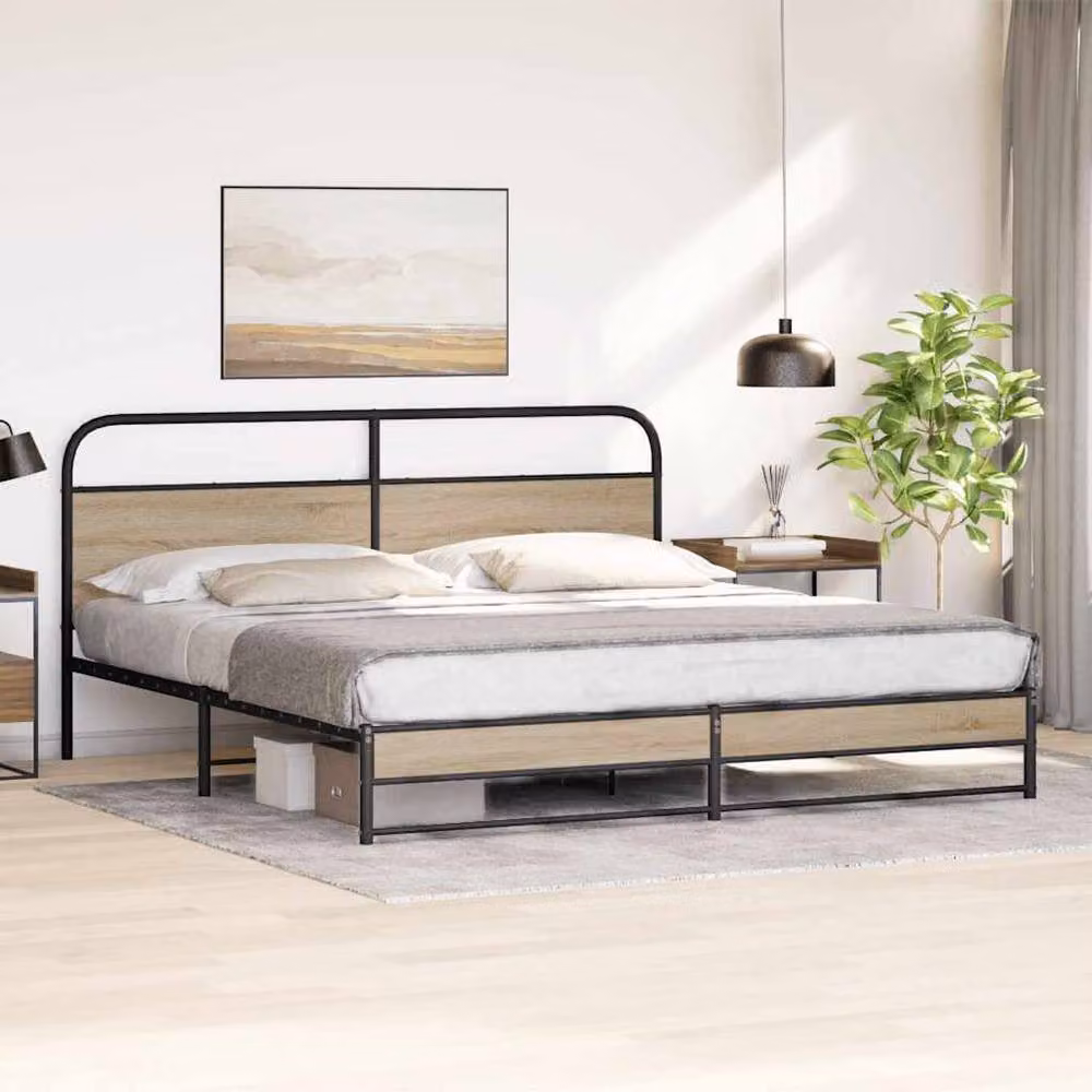 Berkfield Home Industrial Metal and Oak Bed Frame in Natural Brown, 200 x 200 cm – 2