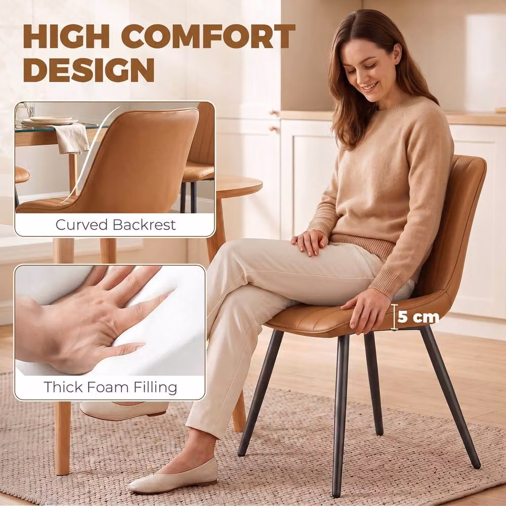 HOMCOM Set of 2 Modern Faux Leather Upholstered Kitchen and Dining Chairs with Metal Legs, Brown – 4