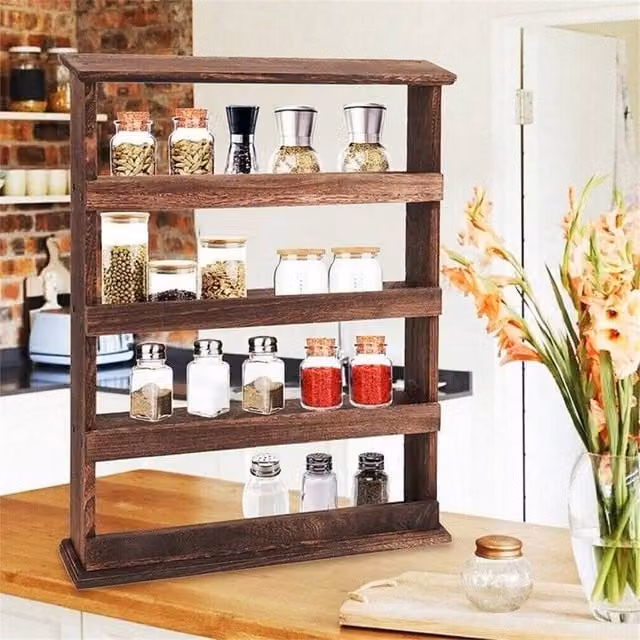 NESTLUNE 5-Tier Rustic Wood Wall Mounted Spice Rack Organizer in Brown, W: 100 cm, D: 15 cm, H: 15 cm – 1