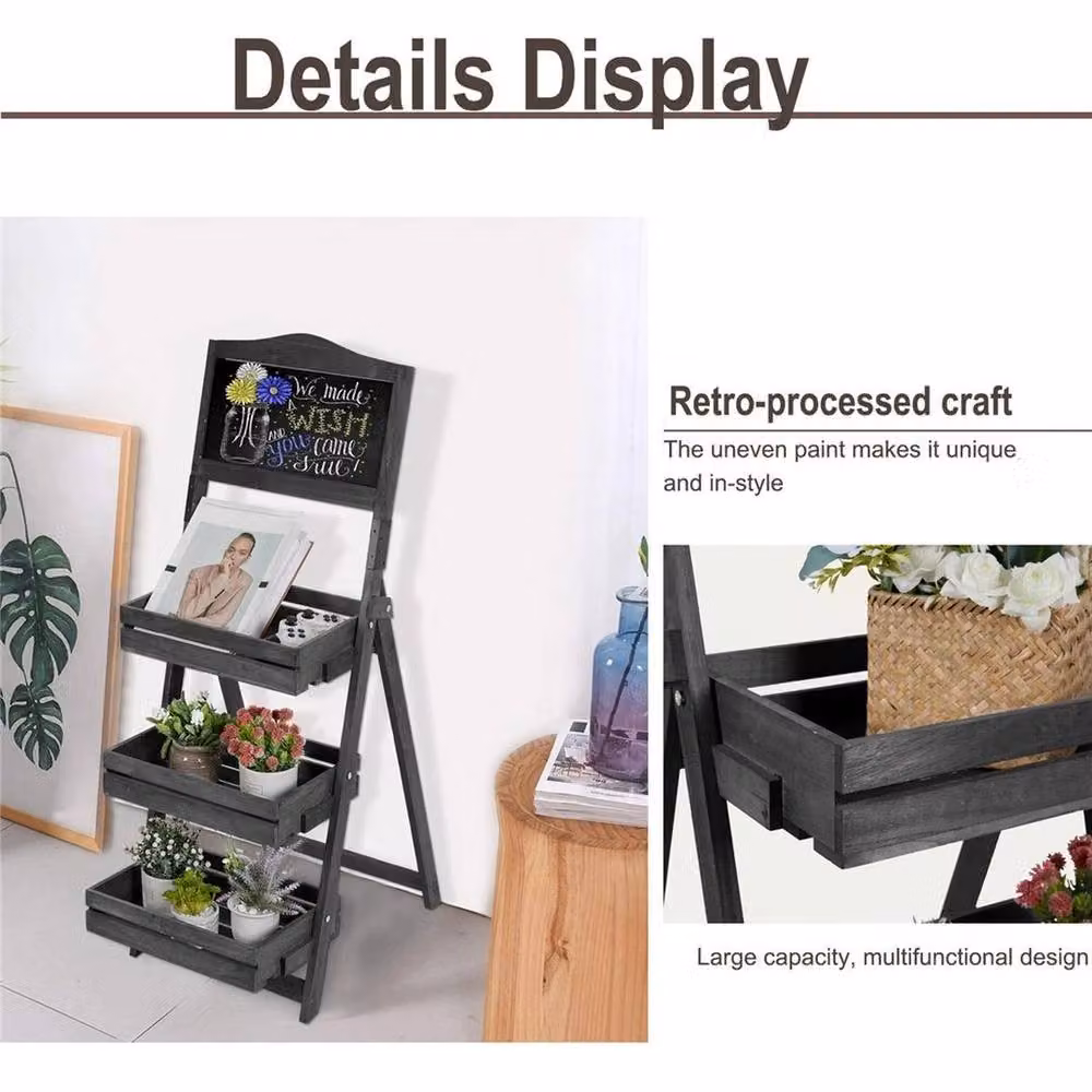 Kelvenix Ladder Plant Stand and Flower Pot Holder Shelf Rack in Matt Black and Rustic Wood – 5
