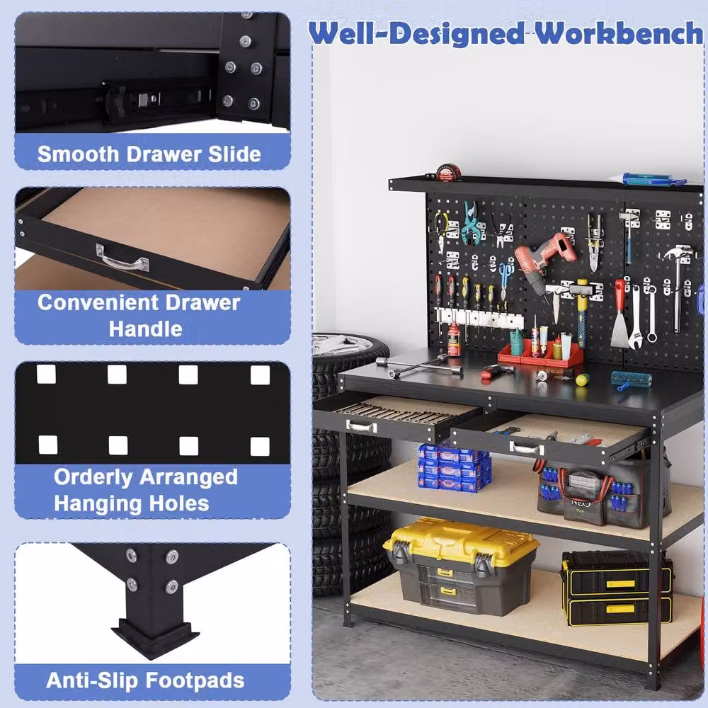 Gymax Metal Workbench with Large Pegboard and Shelves, Black, W: 121 cm, D: 61 cm – 5
