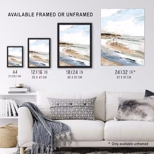 Artery8 Filey Beach Watercolour Coastal Landscape England Framed Wall Art Print, Blue, W: 21.0 x H: 29.7 cm – 3