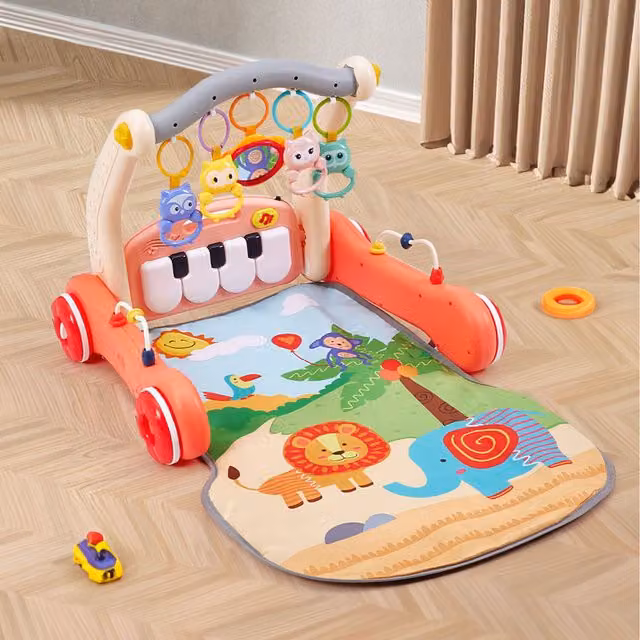 Livingandhome Pink Baby Push Along Walker with Musical Keyboard and Sensory Contrast Mirror