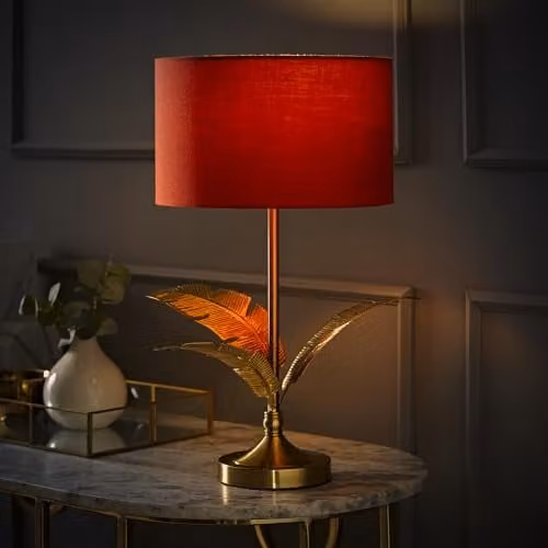 ValueLights Christina Single Stem Table Lamp with Red Fabric Drum Shade and Gold Palm Leaf Detail – 1