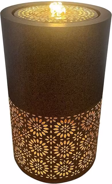 Primrose Cautley Filigree Floral Cut Out Design Metal Tabletop Water Feature with LED Lights in Black