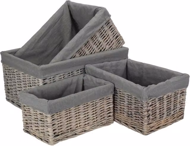 Red Hamper Set of 4 Grey Wash Willow Storage Baskets with Grey Cotton Lining – 1