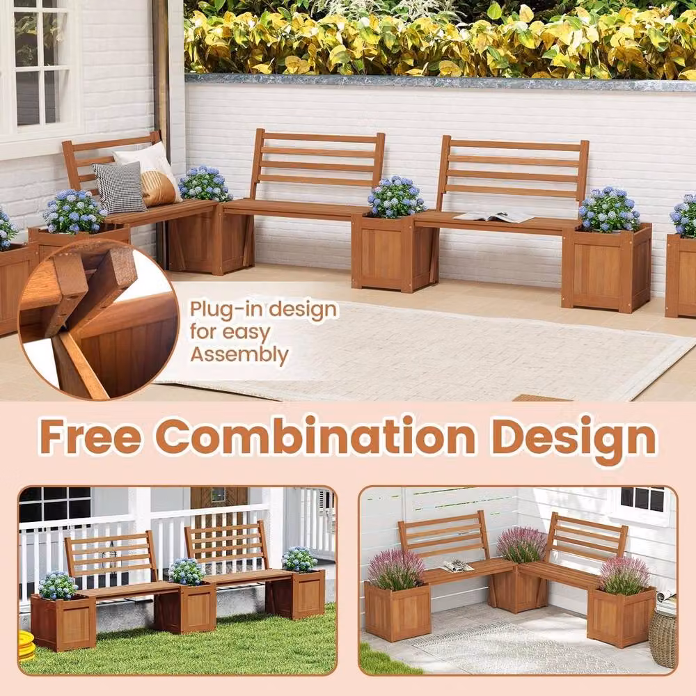 Kelvenix Rustic Oiled Wooden Planter Box with Bench and Backrest in Brown – 3
