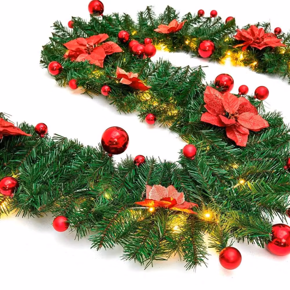 The Chair Cover Company Red Christmas Garland with Flowers and Lighting – 2