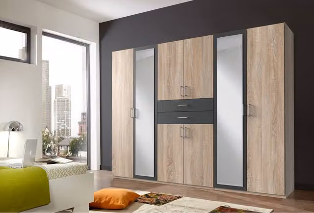 Diver Oak and Graphite 5 Door Wardrobe with Mirror and Internal Shelving