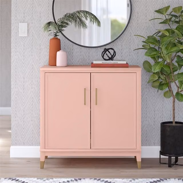CosmoLiving Pink and Gold Lacquered Accent Cabinet with Internal Shelves