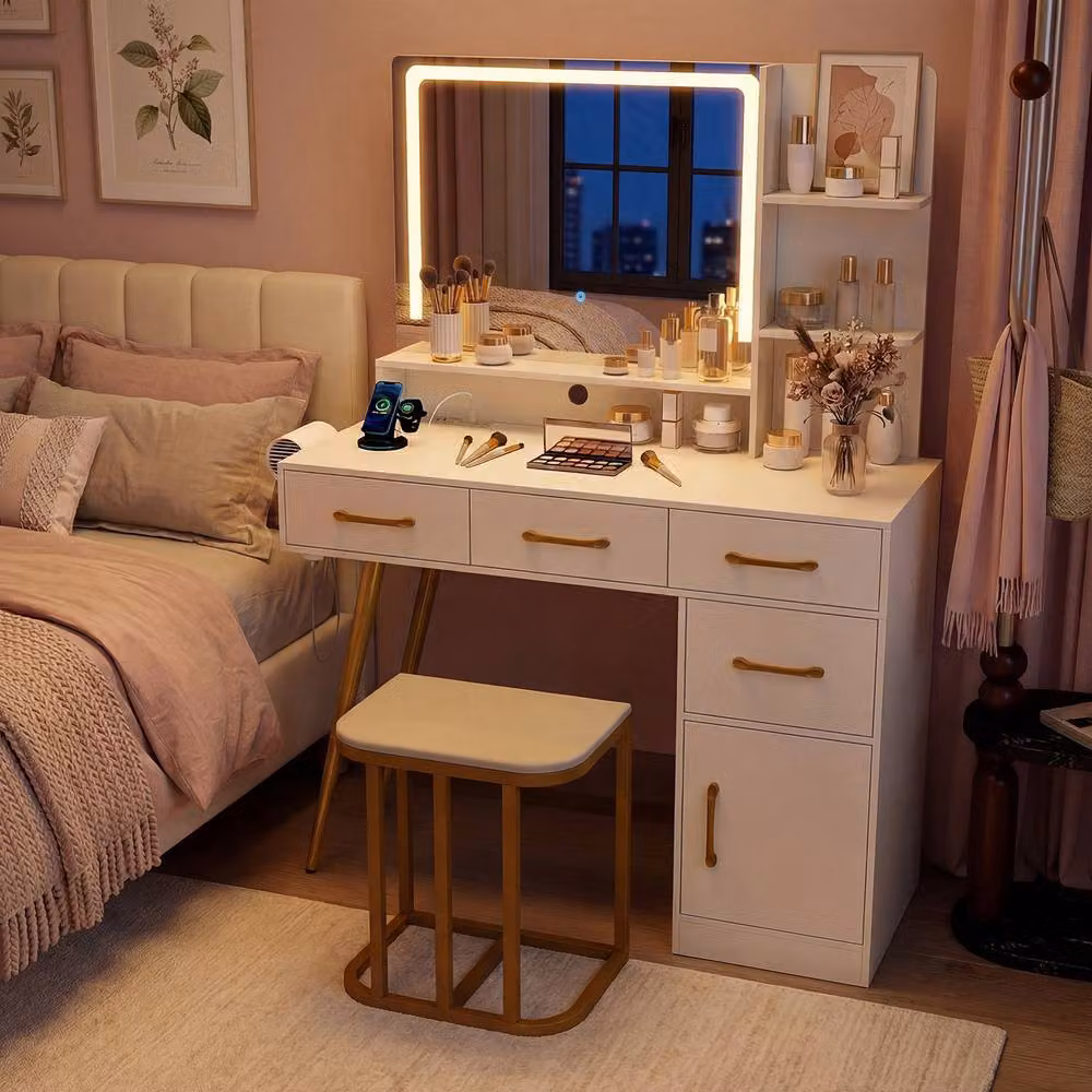 Costway White Modern Vanity Desk and Stool Set with Hollywood LED Mirror – 3