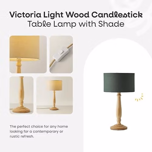 ValueLights Traditional Light Wood Candlestick Table Lamp with Grey Fabric Drum Shade and LED Bulb, H 45.5 x W 25.5 x D 25.5 cm
