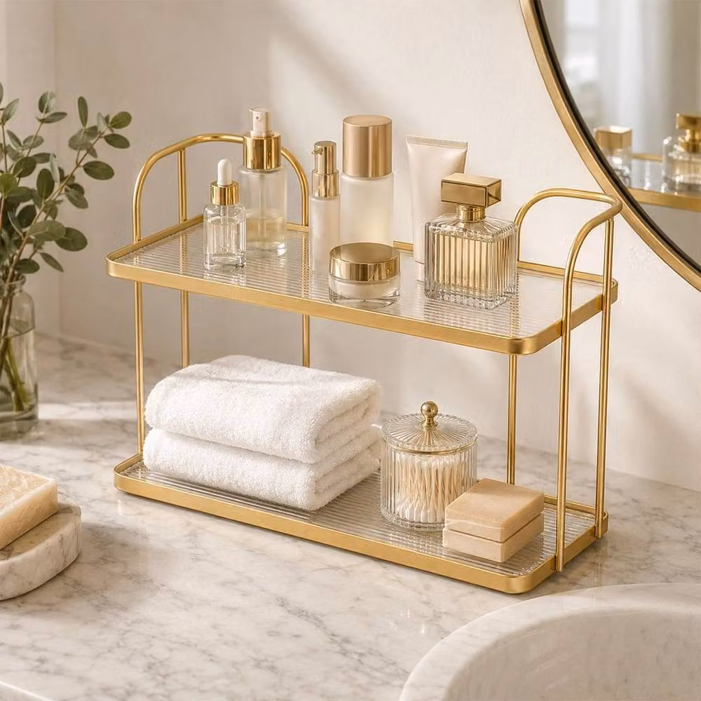 Kelvenix Gold Stainless Steel and Ceramic Freestanding Vanity Organizer Shelf – 2