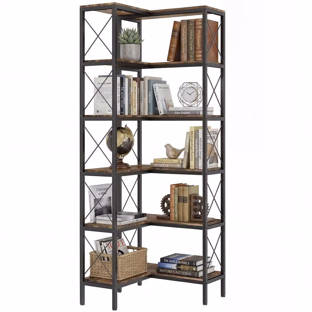 HOMCOM L-Shaped 5-Tier Corner Bookshelf with Metal Frame in Rustic Brown – 2