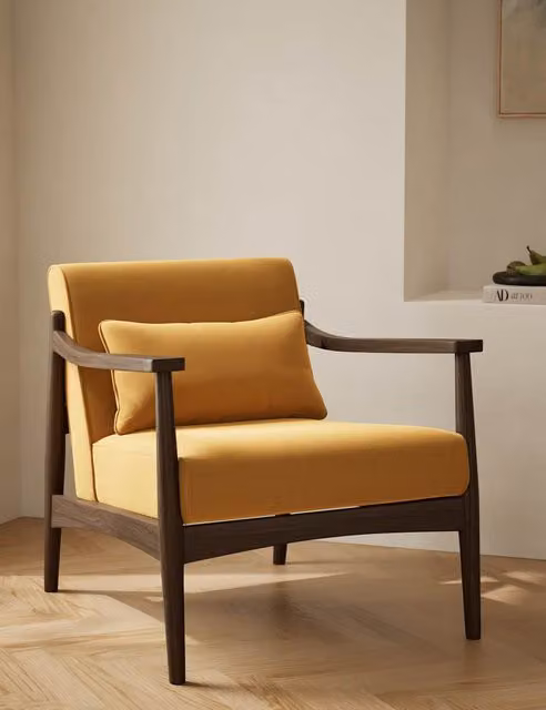 Gallery Direct Sherwood Mid-Century Velvet Accent Chair with Gold Legs and Dark Oak Wood Frame