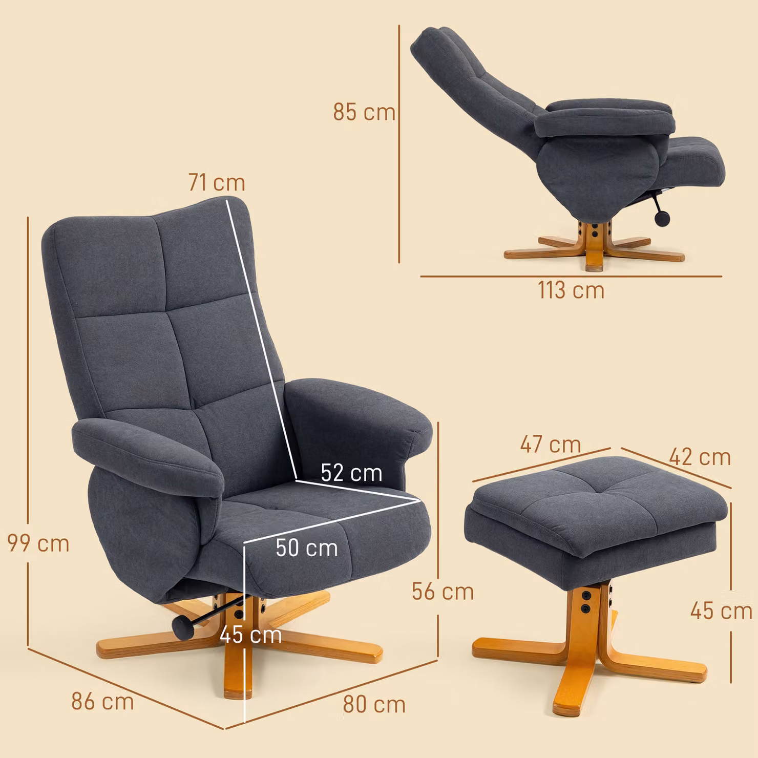 HOMCOM Grey Linen-Look Recliner with Storage Ottoman and Armrests – 3