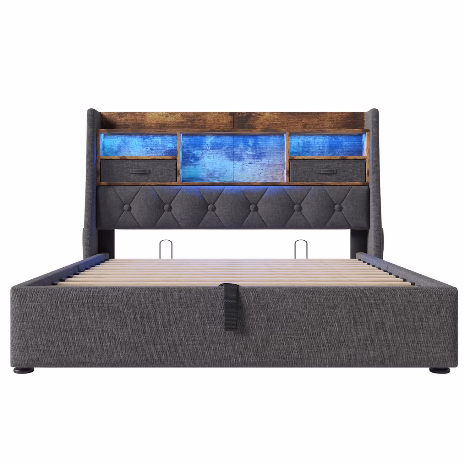 Aosom UK Upholstered Hydraulic Bed with LED Ambient Lighting and USB Charging Port, Linen Grey Bed Frame with Storage Headboard, W/D/H: 147 x 208 x 116 cm – 2