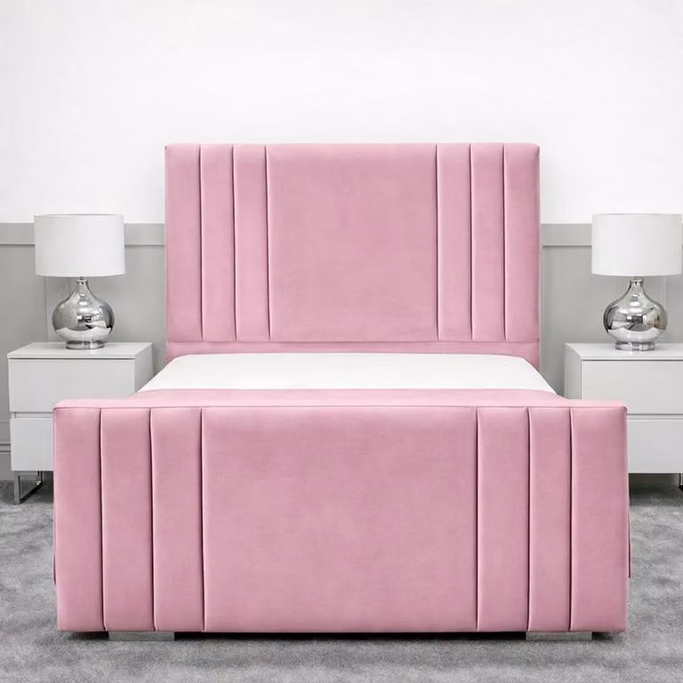 Living Comfort Bedz Canberra Small Double Plush Velvet Upholstered Bed with Slatted Base in Pink, W/D/H: 120 x 200 cm