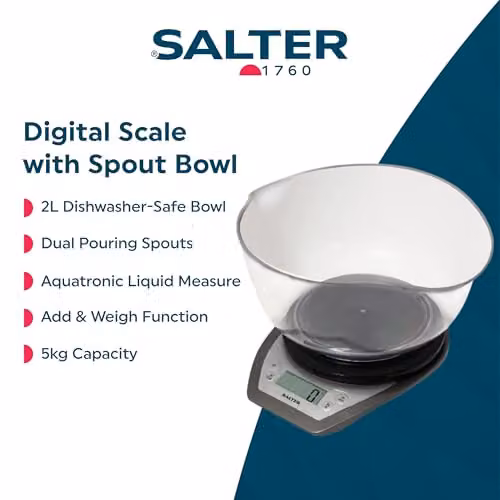 Salter Dual Pour Digital Kitchen Scale in Silver with 2L Bowl and 5kg Capacity – 2