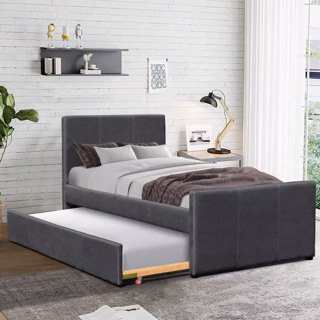 Comfy Living Grey Upholstered Single Fabric Bed Frame with Trundle, W/D/H: 90 x 190 cm