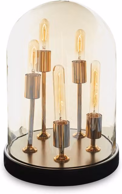 Fifty Five South Orsina Amber Glass Dome Table Lamp with Antique Wood Base and Brass Holders