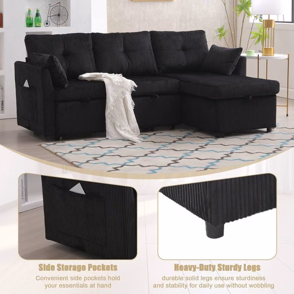 Direct Wicker L-Shape Convertible 3-in-1 Sofa with Storage and Pull-Out Bed in Black, W/D/H: 206 x 150 x 88 cm – 5