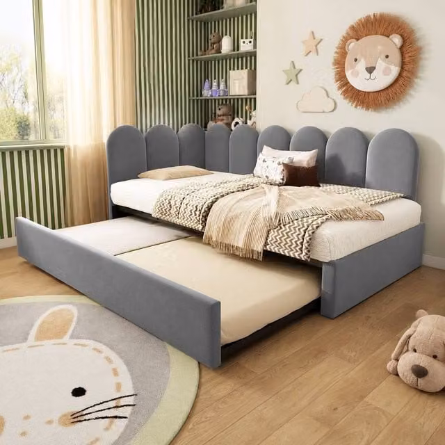 STILVORA Grey Velvet Single Day Bed with Pull-Out Bed and Drawers, W/D/H: 200 x 90 x 76 cm – 1