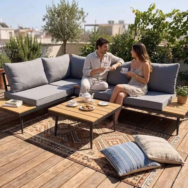 BIRCHTREE Modern 3-Seater Garden Furniture Set with Coffee Table in Natural Wood and Grey Cushions