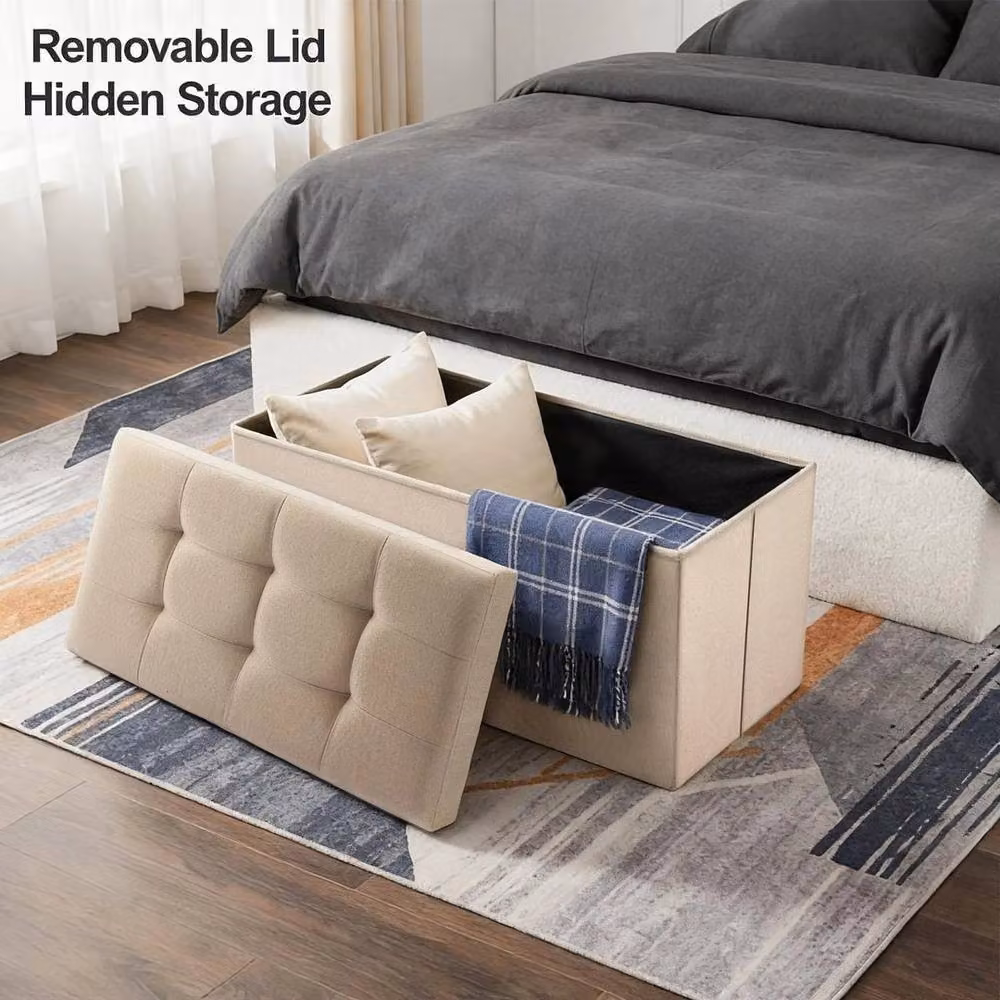 KORVIXA Beige Folding Storage Bench Ottoman Stool W/D/H: 100 x 100 x 38 cm – 3