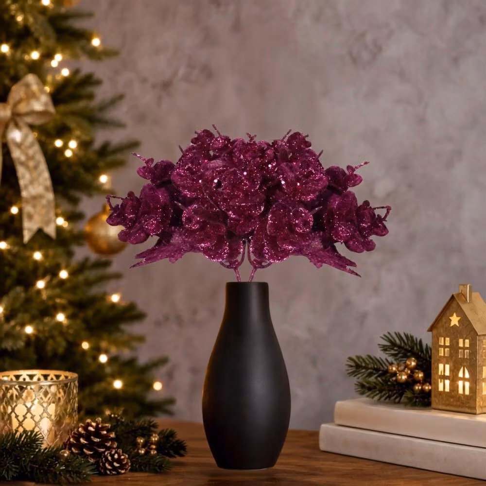 Shatchi Purple Glitter Eucalyptus and Maple Leaf Pick, 6 Pack, Height: 17 cm – 2