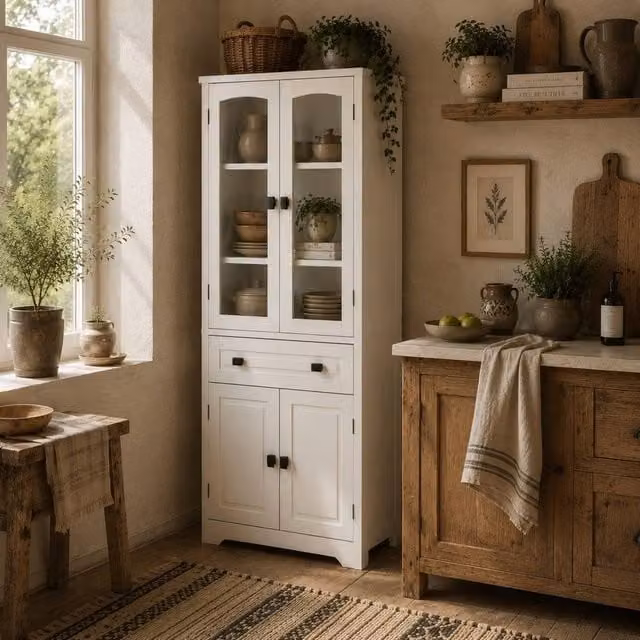 Wyld Haus Cotase Tall Kitchen Cupboard in White with Glass Doors, H 160 cm x W 30 cm x D 42 cm