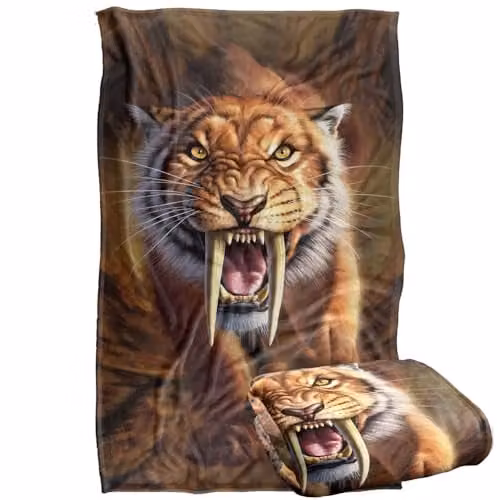 JQ Licensing Jlo Saber-Toothed Tiger Super Soft Silky Touch Fleece Throw Blanket, Multicolour, W/D/H: 91 x 147 cm – 1