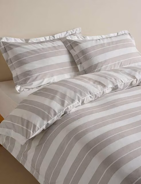 M&S Egyptian Cotton Wide Stripe Printed Bedding Set, Mink/Brown/Beige, 140 x 200 cm