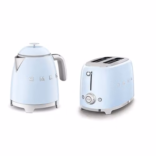 Smeg 50s Style Retro Range Breakfast Set in Pastel Blue, including 0.8l 1400W Mini Kettle and 2-Slice 950W Toaster