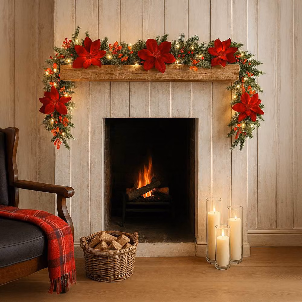 Marco Paul Pre-Lit Christmas Garland with Red Magnolia and Greenery, W: 270 cm, D: 35 cm – 4