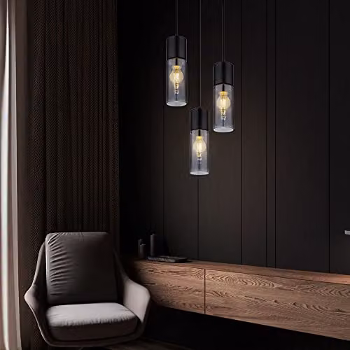 Globo Lighting Modern 3-Bulb Pendant Light with Smoke Glass Shades and Black Metal, H 150 x W 30 x D 30 cm – 4