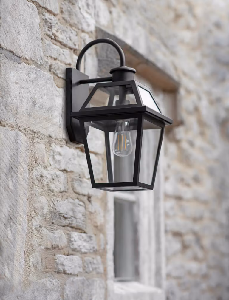 Harrow Black Garden Wall Light Lantern with Glass and Aluminium Finish