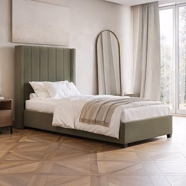 Flair Single Ottoman Bed in Green Velvet, W: 90 cm, L: 200 cm