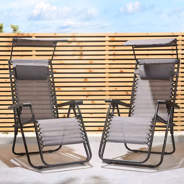 VonHaus Set of 2 Grey Textilene Zero Gravity Garden Sun Lounger Chairs with Canopy and Adjustable Headrests