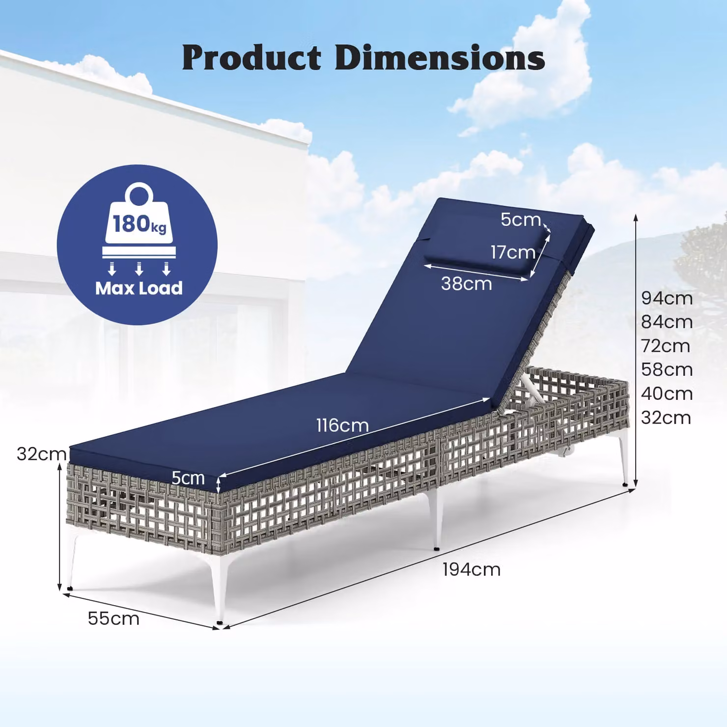 Costway Navy Blue Rattan Sun Lounger with 6-Level Adjustable Headrest – 2