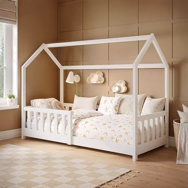 Flair Furnishings Explorer Shorty Single Playhouse Floor Bed in White Solid Pine Wood – 1