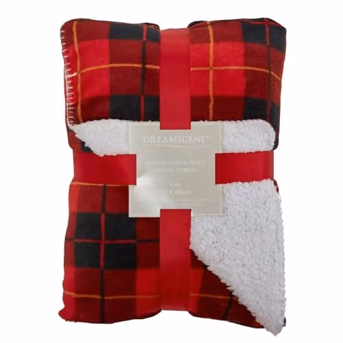 Dreamscene Red and White Tartan Check Sherpa Reversible Fleece Throw Blanket, W/D/H: 150 x 180 cm